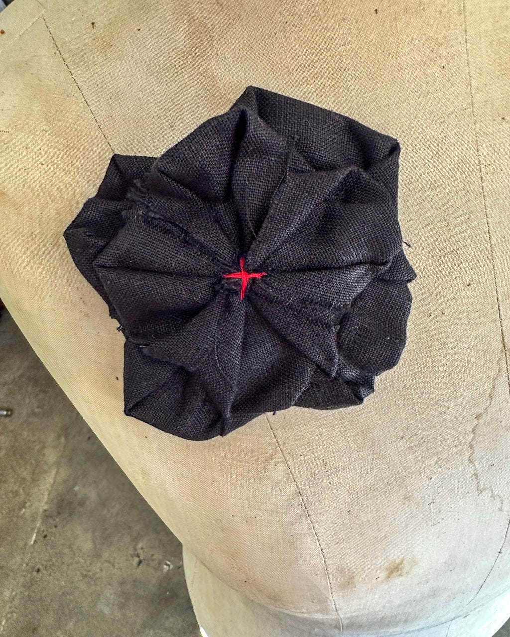 Fabric Flower Brooch - Black Linen with Red