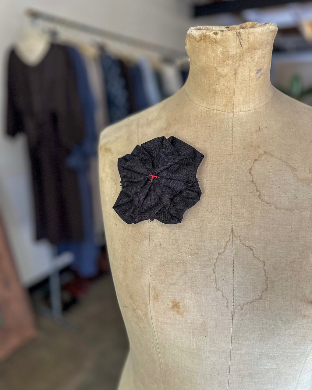 Fabric Flower Brooch - Black Linen with Red