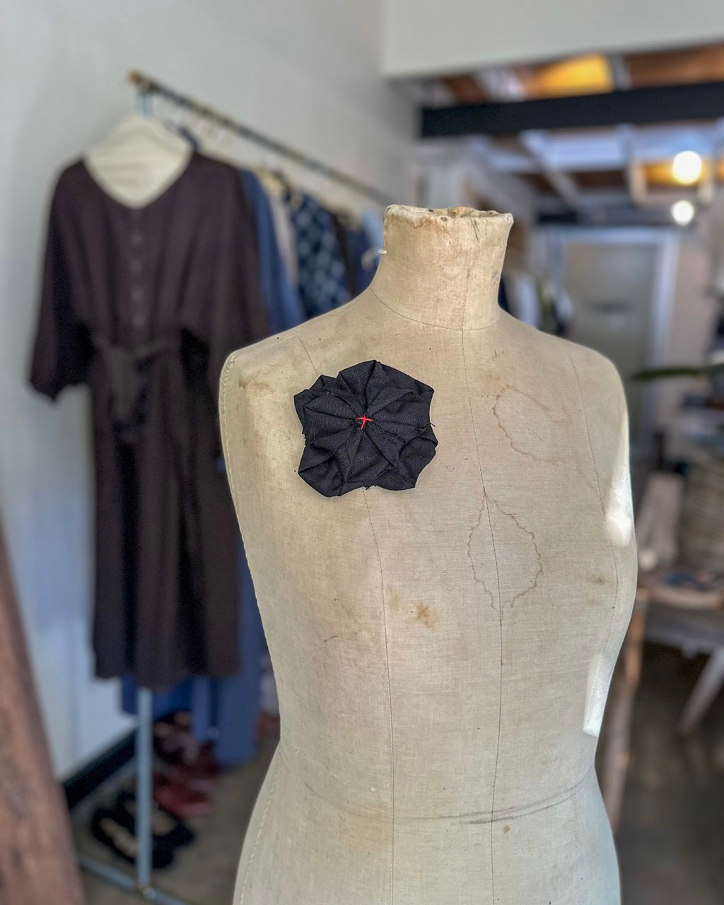Fabric Flower Brooch - Black Linen with Red