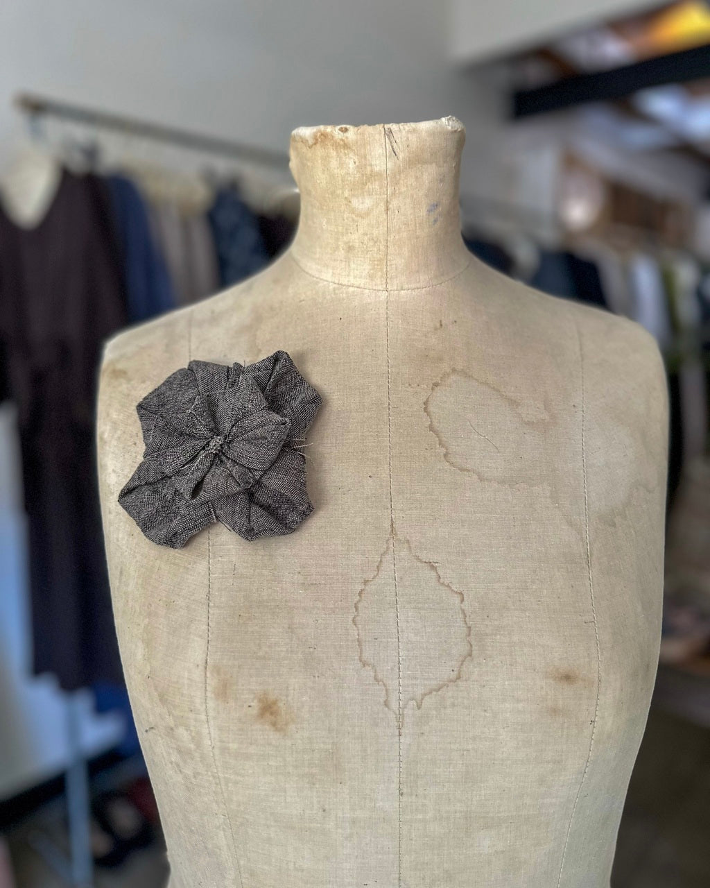 Fabric Flower Brooch - Dark Flax