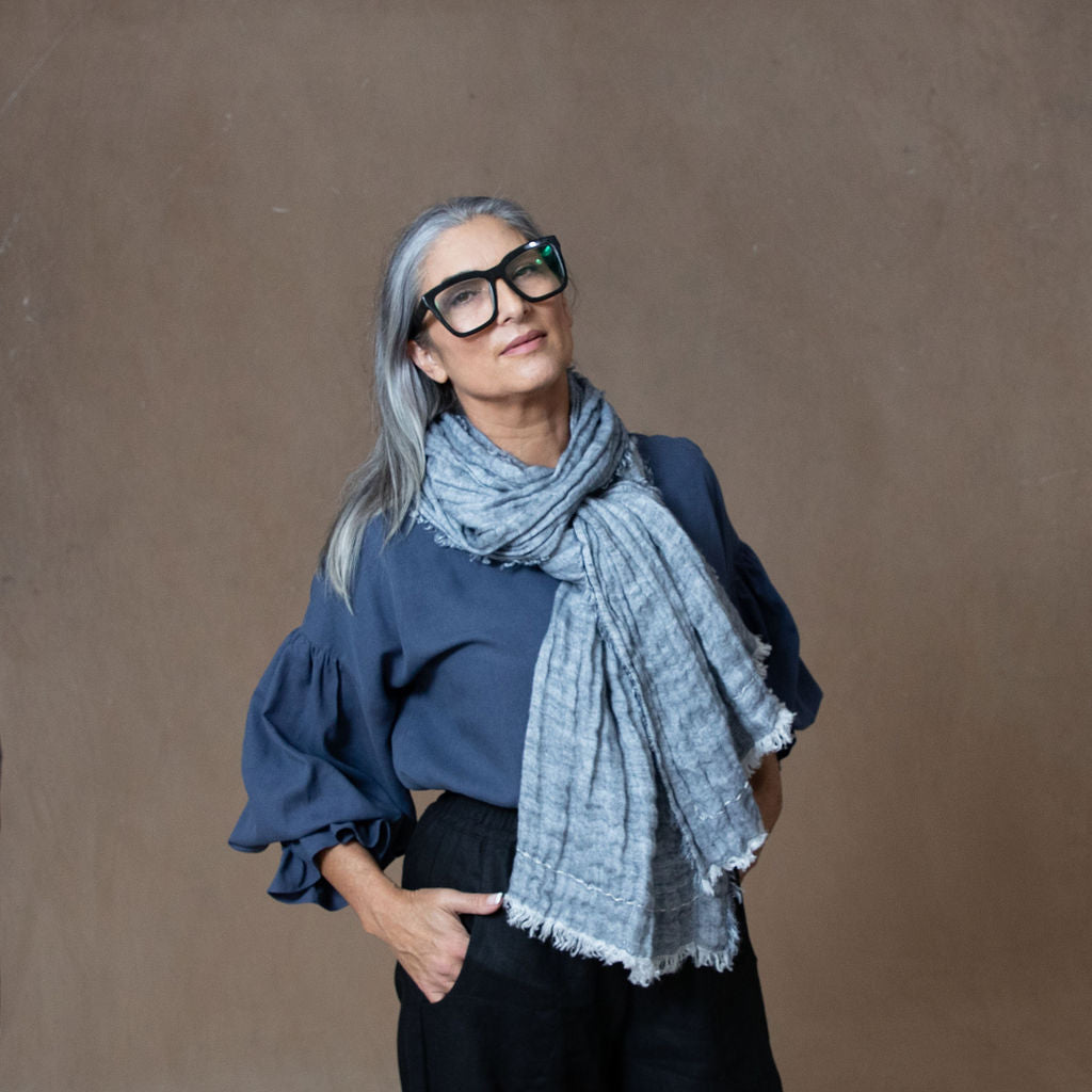 Hand Embroidered Double Gauze Linen Scarf