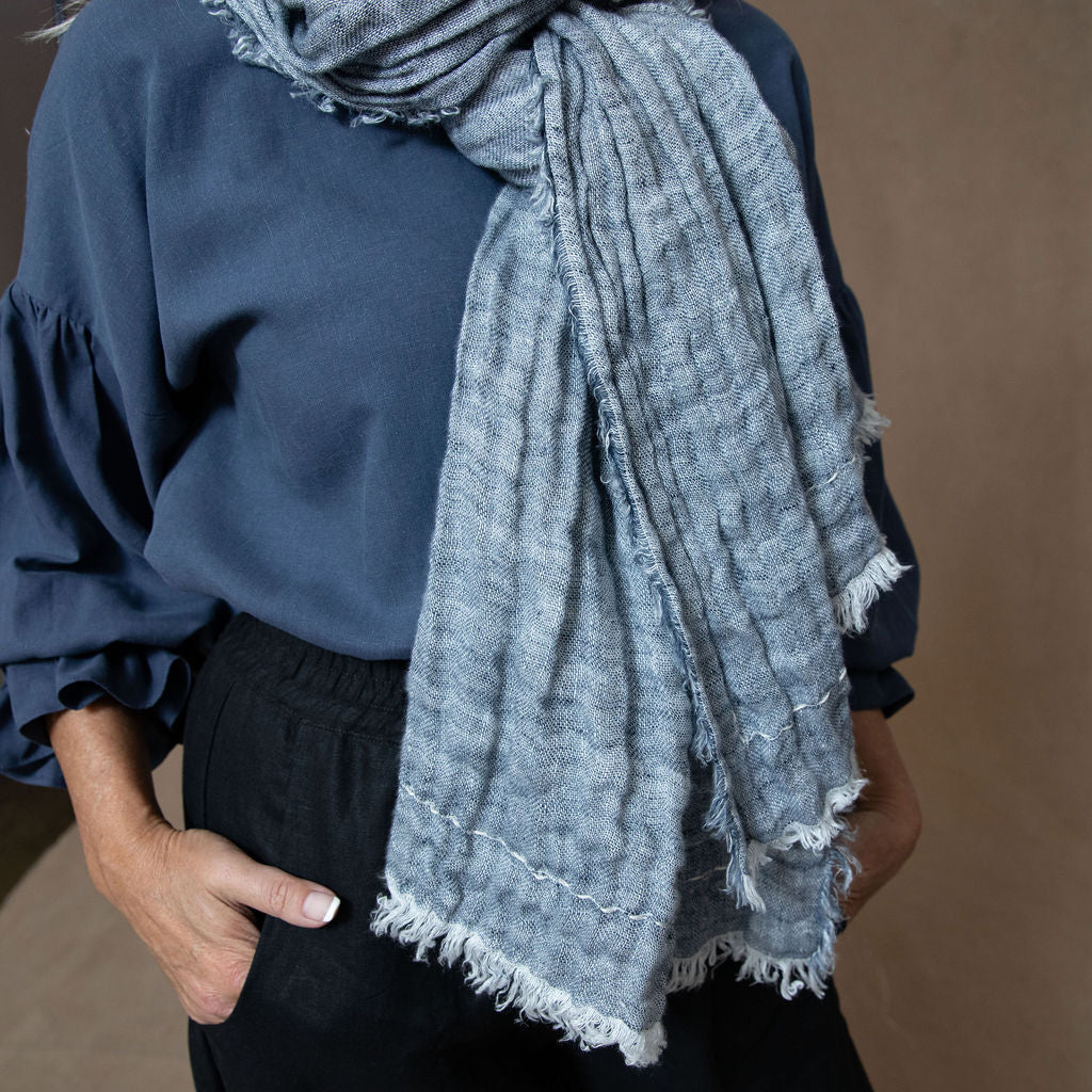 Hand Embroidered Double Gauze Linen Scarf