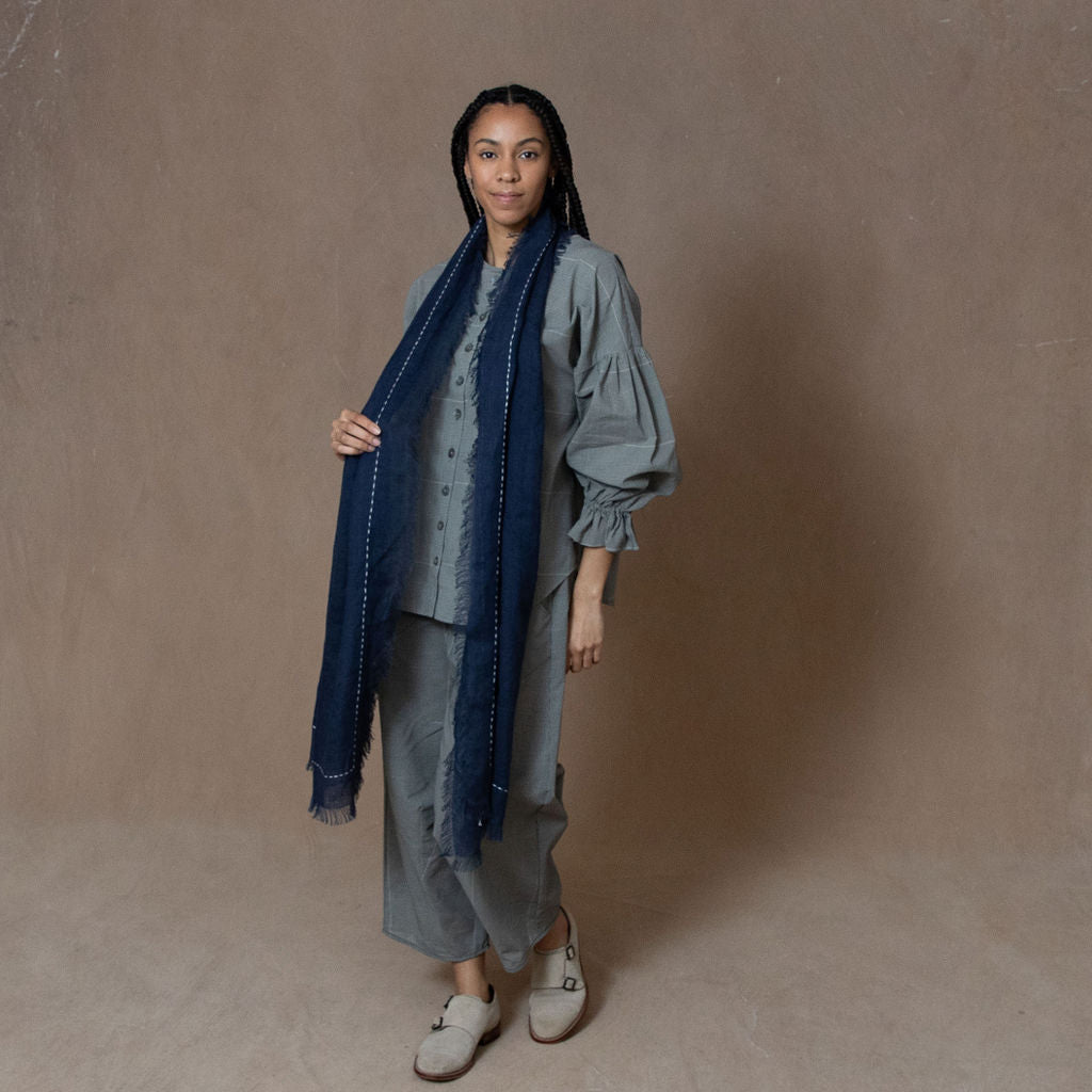 Hand Embroidered Navy Gauze Linen Scarf