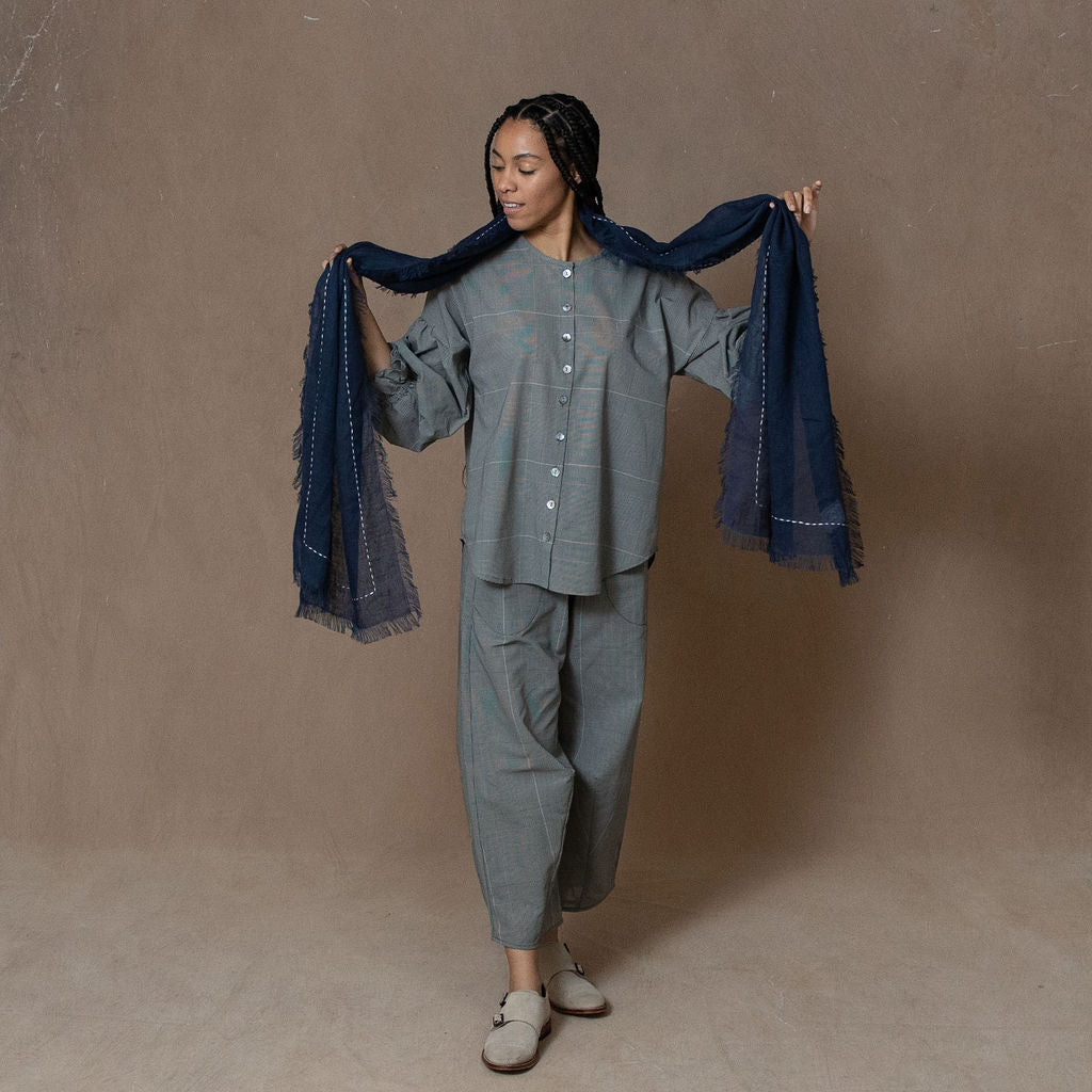 Hand Embroidered Navy Gauze Linen Scarf