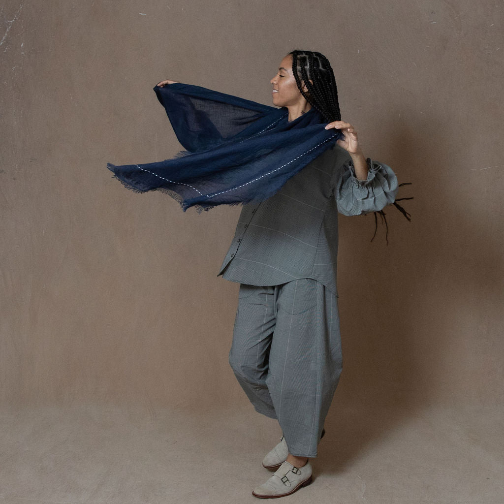 Hand Embroidered Navy Gauze Linen Scarf