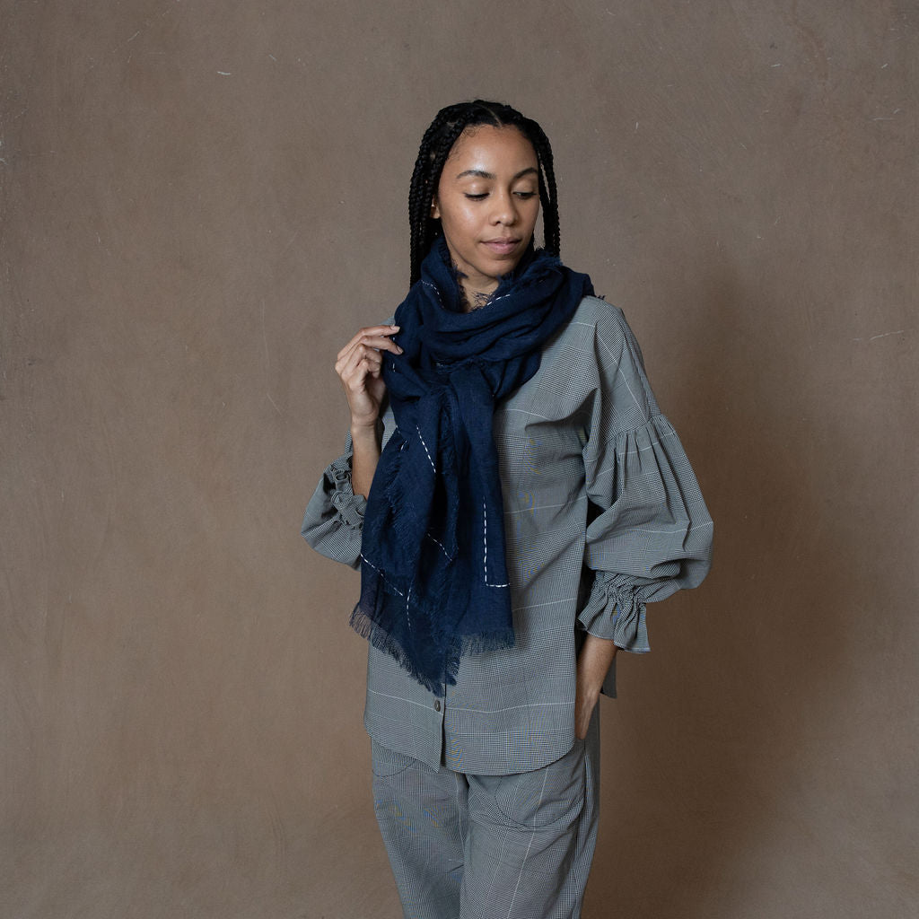Hand Embroidered Navy Gauze Linen Scarf