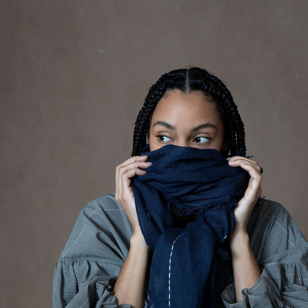 Hand Embroidered Navy Gauze Linen Scarf