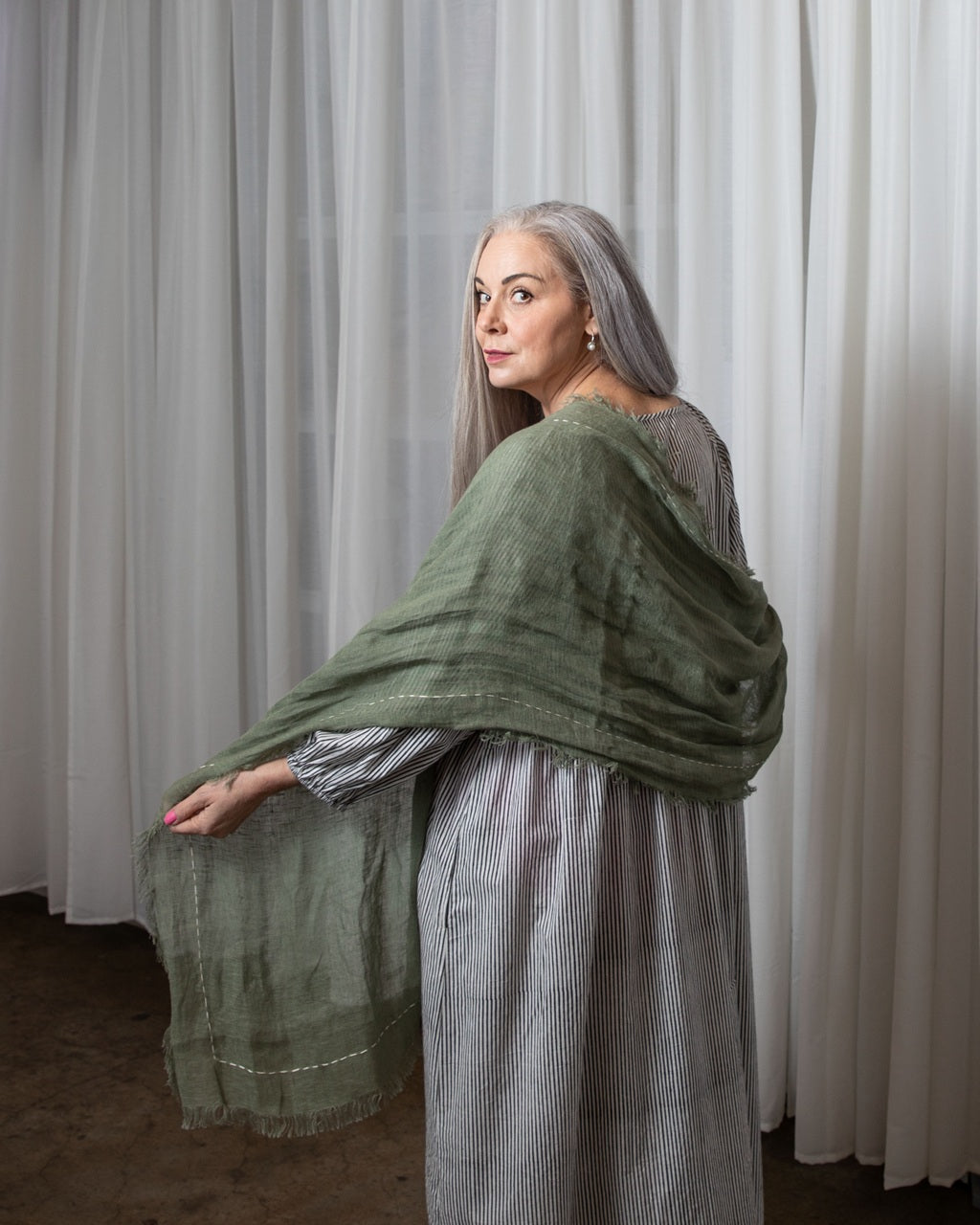 Hand Embroidered khaki Gauze Linen Scarf