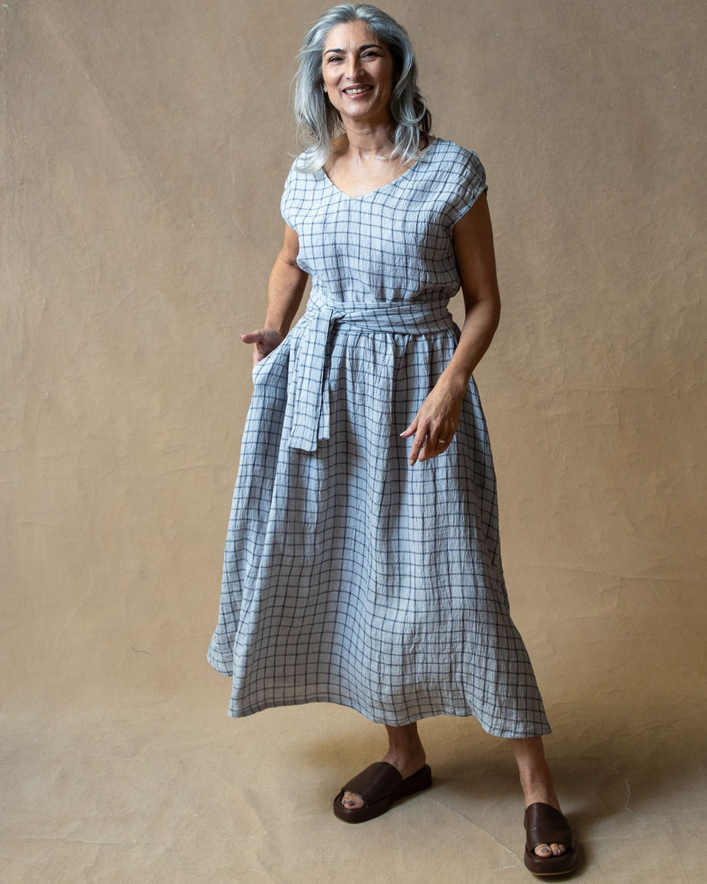 Scarlett Grey Grid Linen Dress