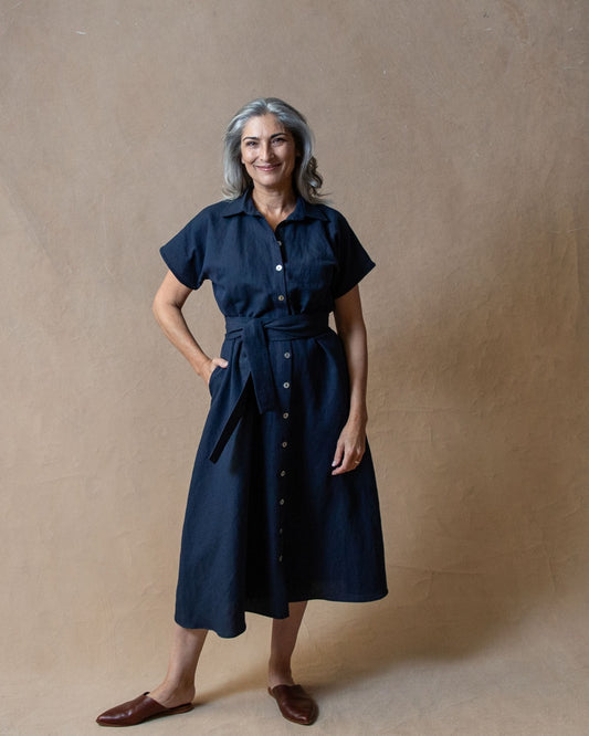 Rumi Navy Dobby Linen/Cotton Shirtdress