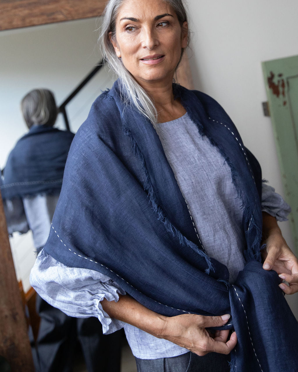 Hand Embroidered Navy Gauze Linen Scarf