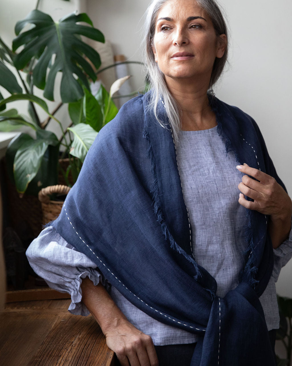 Hand Embroidered Navy Gauze Linen Scarf