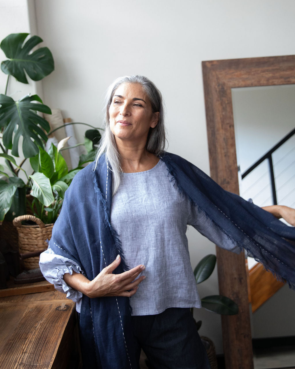 Hand Embroidered Navy Gauze Linen Scarf