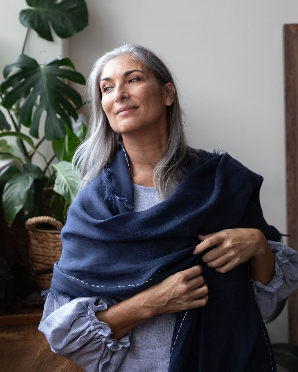 Hand Embroidered Navy Gauze Linen Scarf