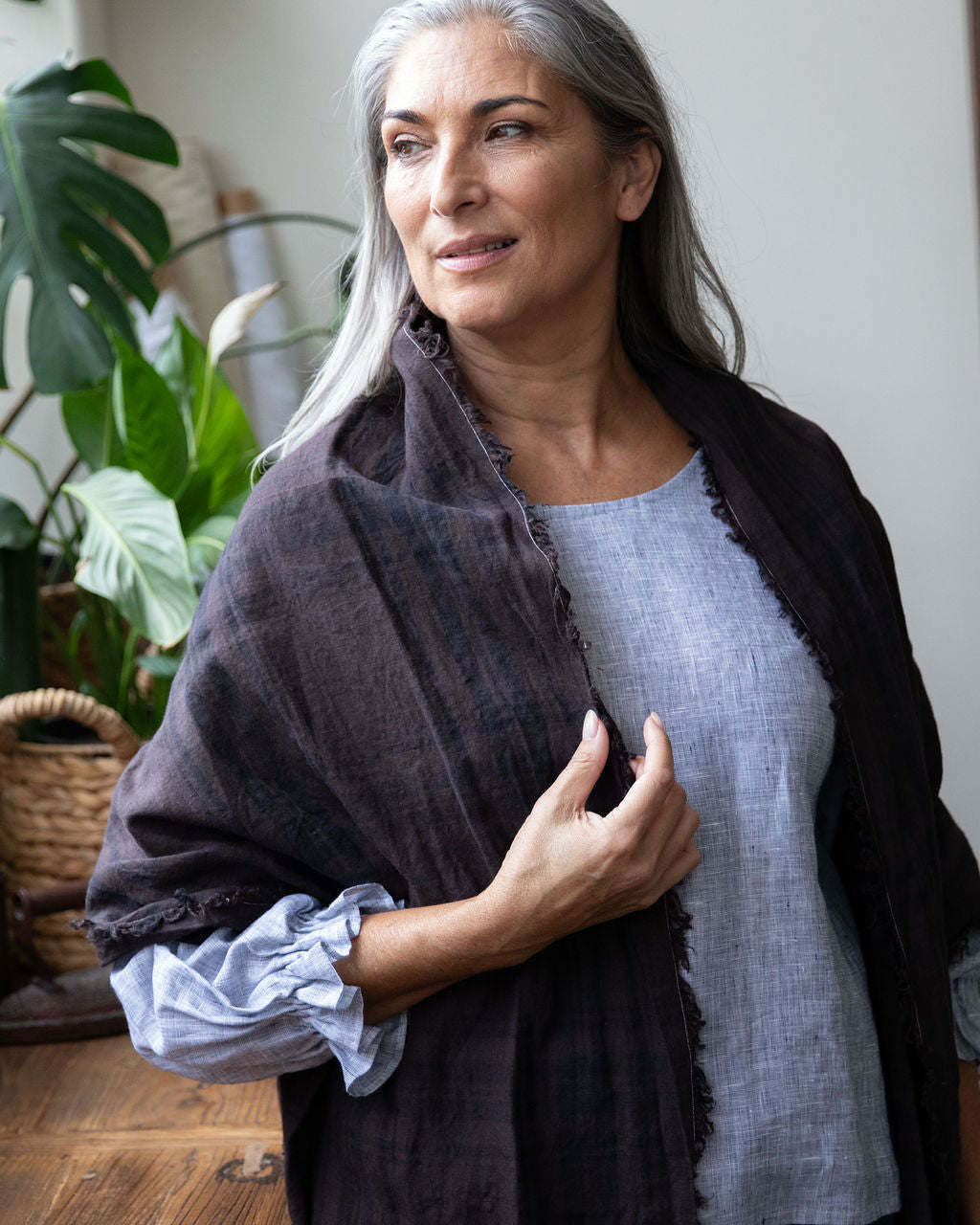 Espresso Linen Scarf — Hand-Frayed & Artisan Dyed