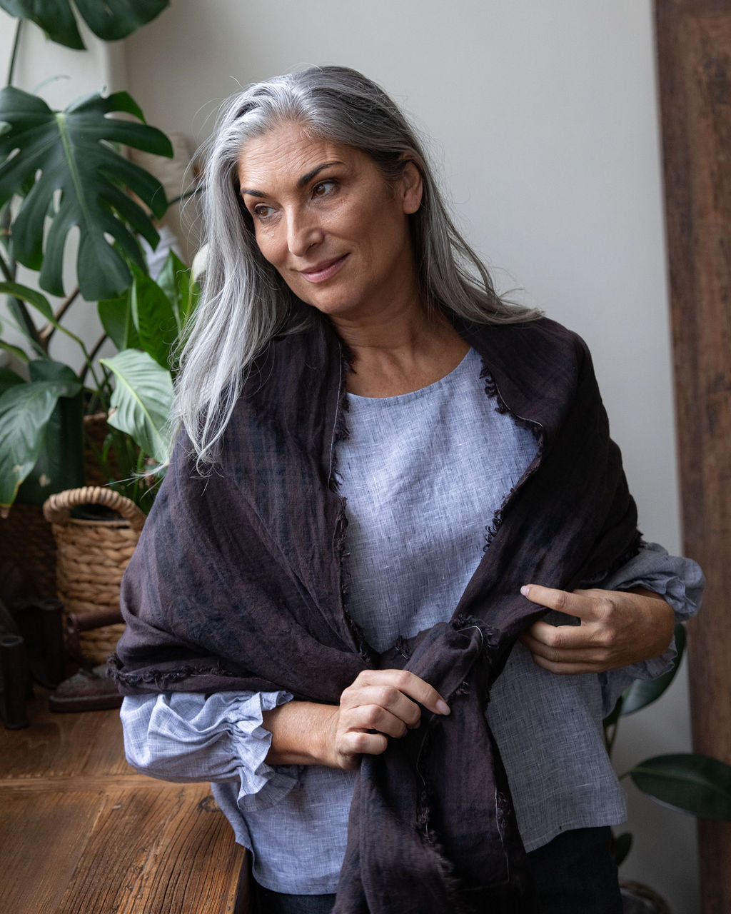 Espresso Linen Scarf — Hand-Frayed & Artisan Dyed