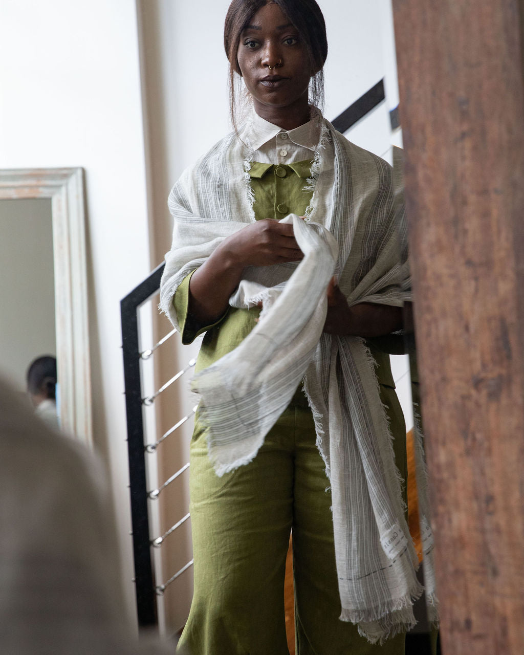 Hand Embroidered  Linen Scarf - Natural/Grey Stripe