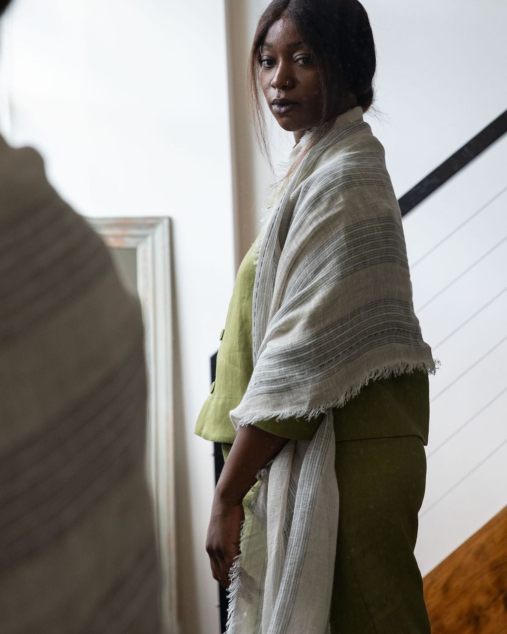 Hand Embroidered  Linen Scarf - Natural/Grey Stripe