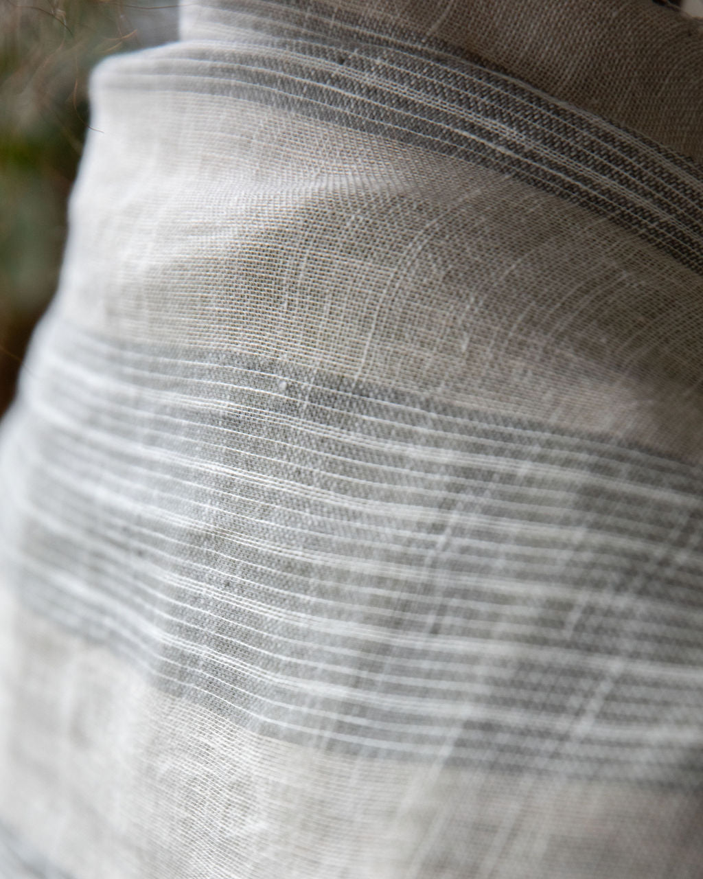 Hand Embroidered  Linen Scarf - Natural/Grey Stripe