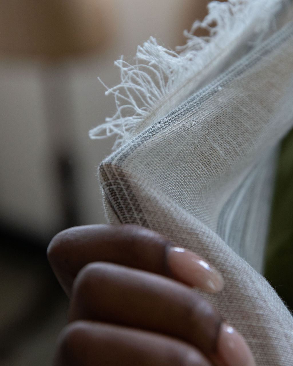 Hand Embroidered  Linen Scarf - Natural/Grey Stripe