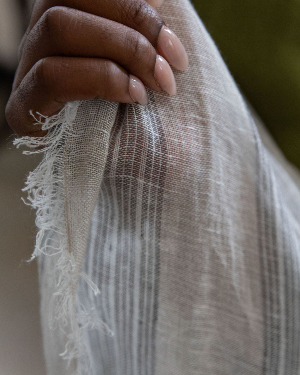 Hand Embroidered  Linen Scarf - Natural/Grey Stripe