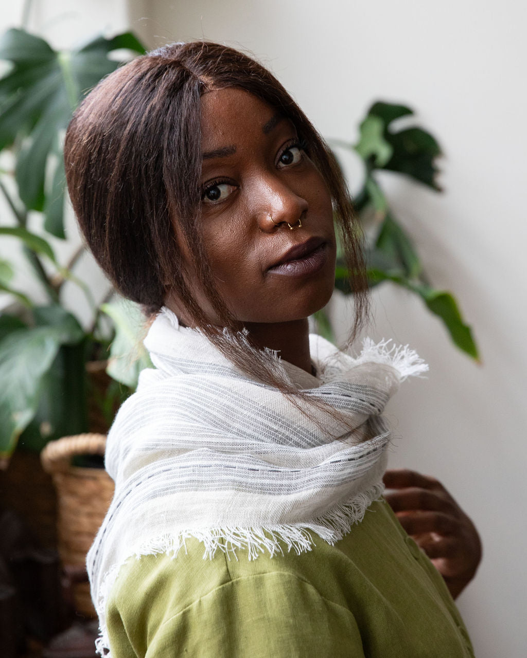 Hand Embroidered  Linen Scarf - Natural/Grey Stripe