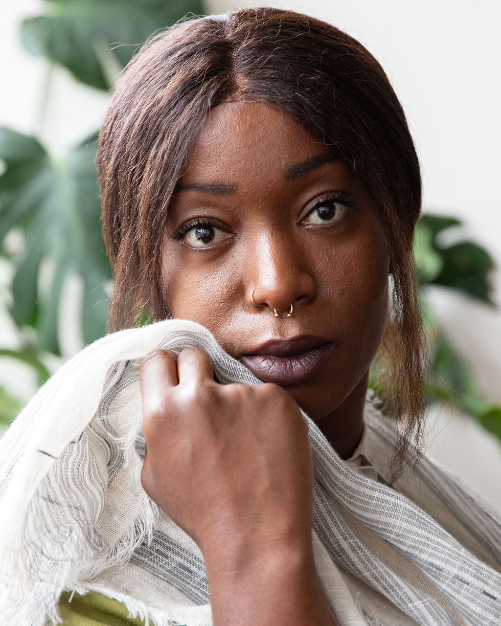 Hand Embroidered  Linen Scarf - Natural/Grey Stripe