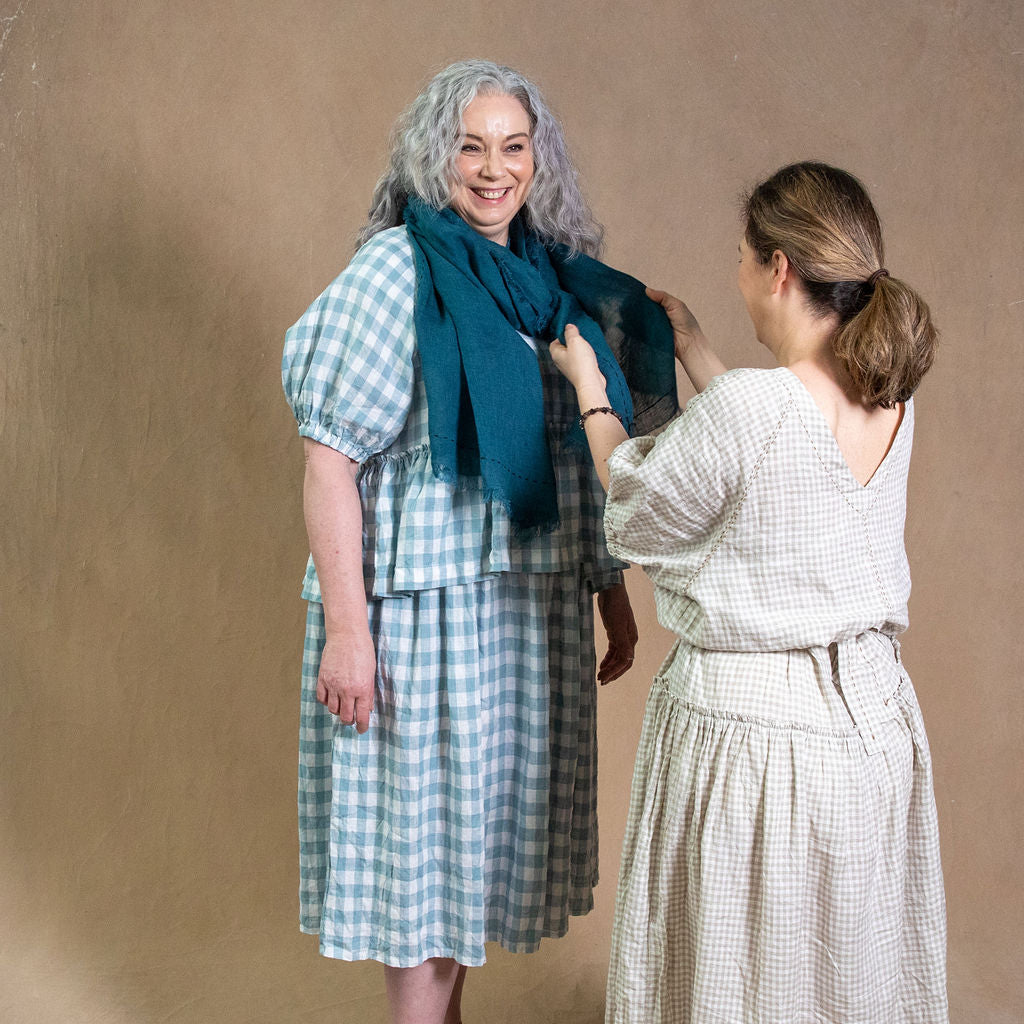 Hand Embroidered  Linen Scarf - Teal