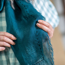 Hand Embroidered  Linen Scarf - Teal