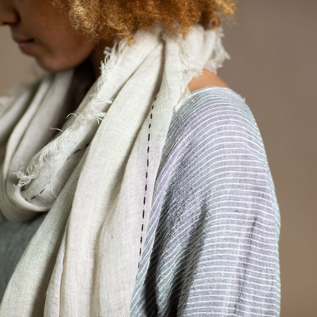 Hand Embroidered Linen Scarf - Flax