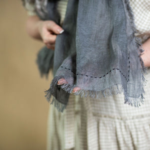 Hand Embroidered Linen Scarf - Dark Grey